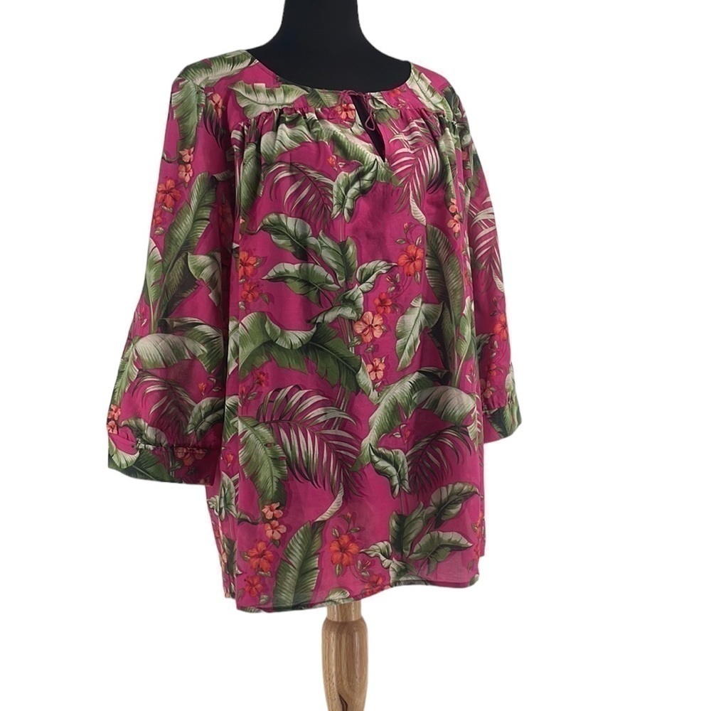 Tommy Bahama silk blend Blouse Top Pink Green Tropical Floral Vacation sz lg